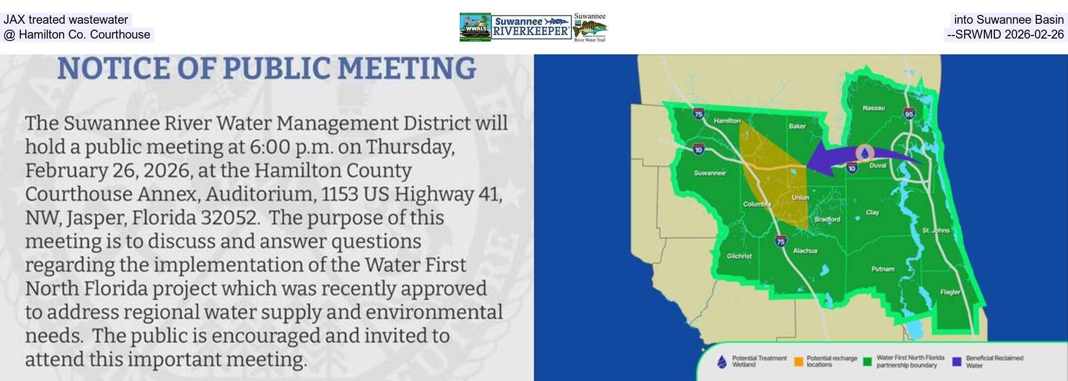 JAX treated wastewater into Suwannee Basin, @ Hamilton Co. Courthouse --SRWMD 2026-02-26