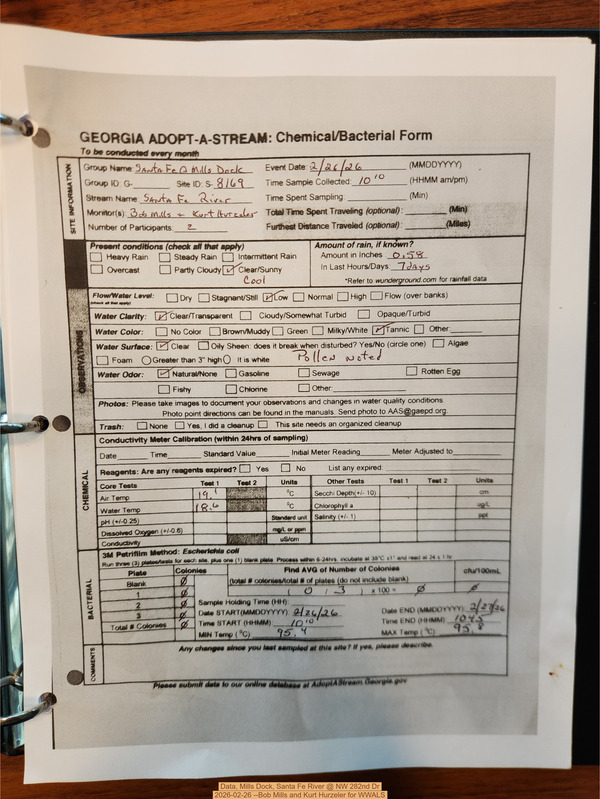 Data, Mills Dock, Santa Fe River @ NW 282nd Dr 2026-02-26 --Bob Mills and Kurt Hurzeler for WWALS