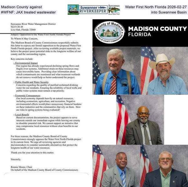 [Madison County against Water First North Florida 2026-02-27, #WFNF: JAX treated wastewater into Suwannee Basin]