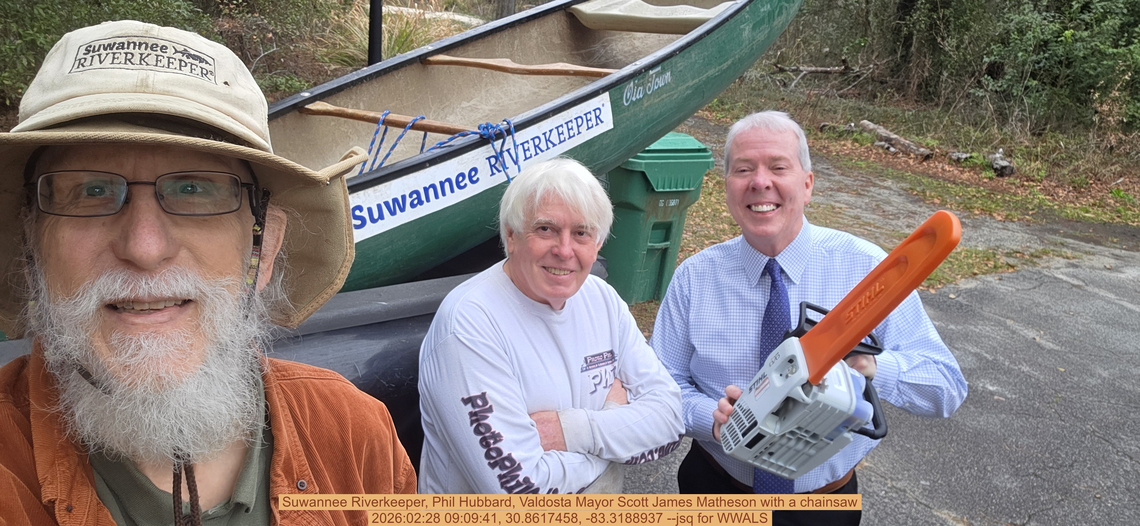 Suwannee Riverkeeper, Phil Hubbard, Valdosta Mayor Scott James Matheson with a chainsaw, 2026:02:28 09:09:41, 30.8617458, -83.3188937 --jsq for WWALS
