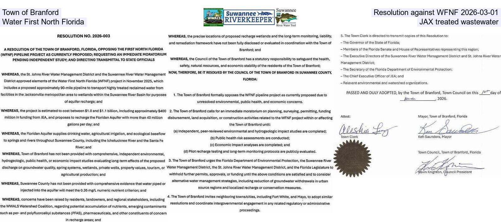 [Town of Branford, Resolution against WFNF 2026-03-01, Water First North Florida, JAX treated wastewater]