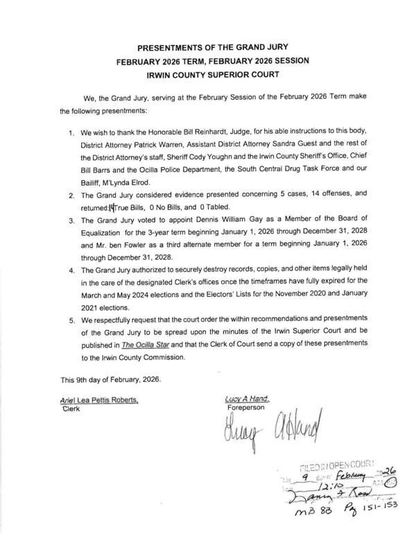 [Presentments of the Grand Jury, FEBRUARY 2026 TERM, FEBRUARY 2026 SESSION, IRWIN COUNTY SUPERIOR COURT]