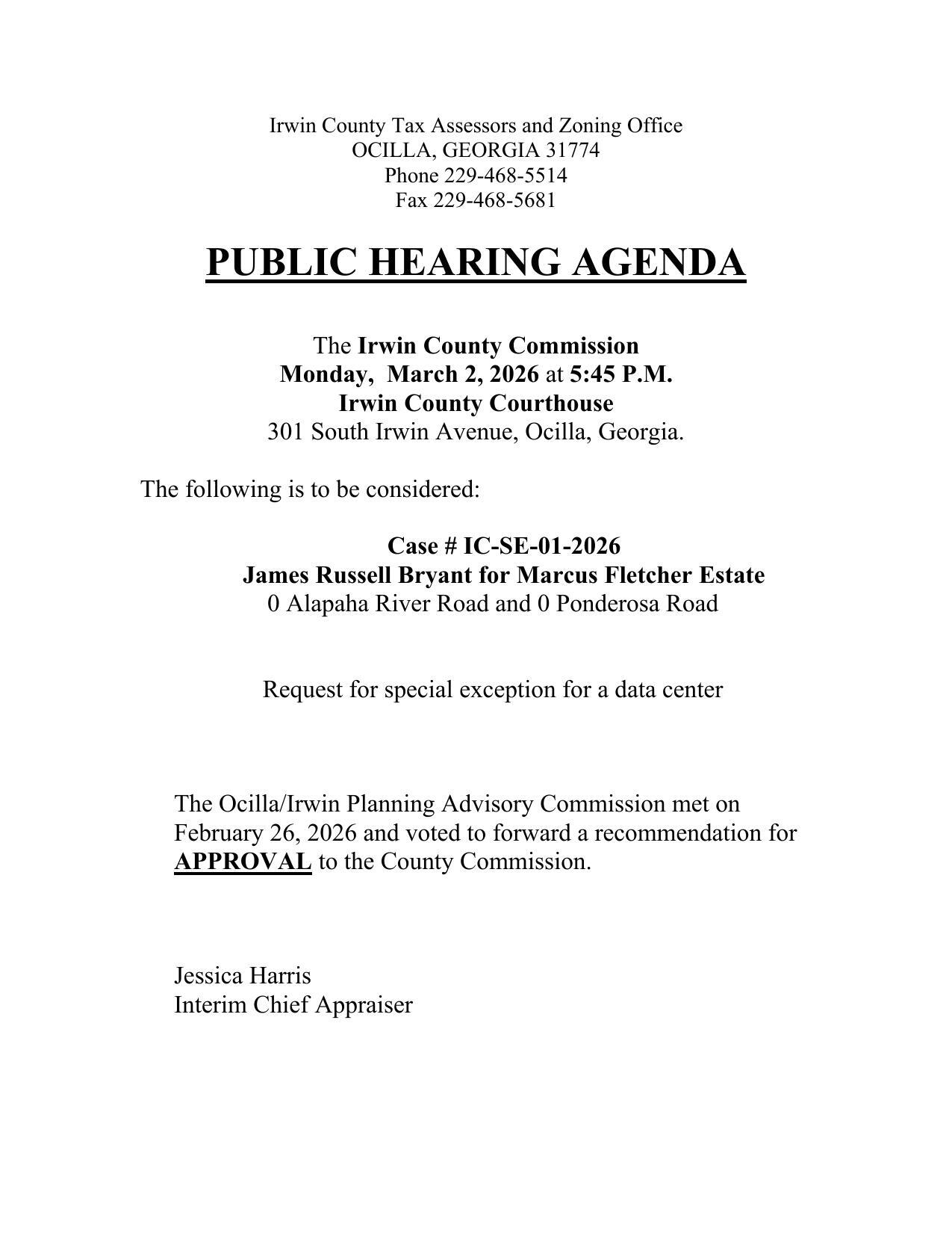 Public Hearing Agenda, 2026-03-02, Case # IC-SE-01-2026, Request for special exception for a data center