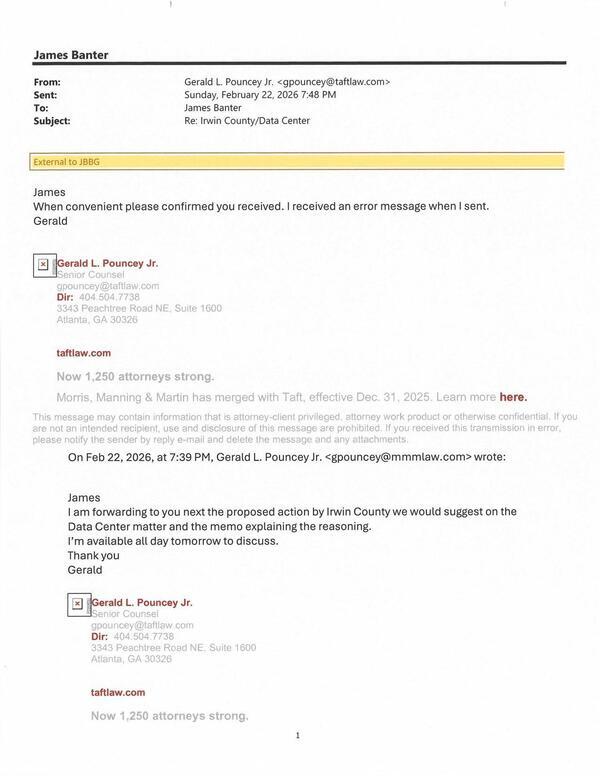 James When convenient please confirmed you received. 2026-02-22 7:48 PM I received an error message when I sent. --Gerald L. Pouncey Jr.