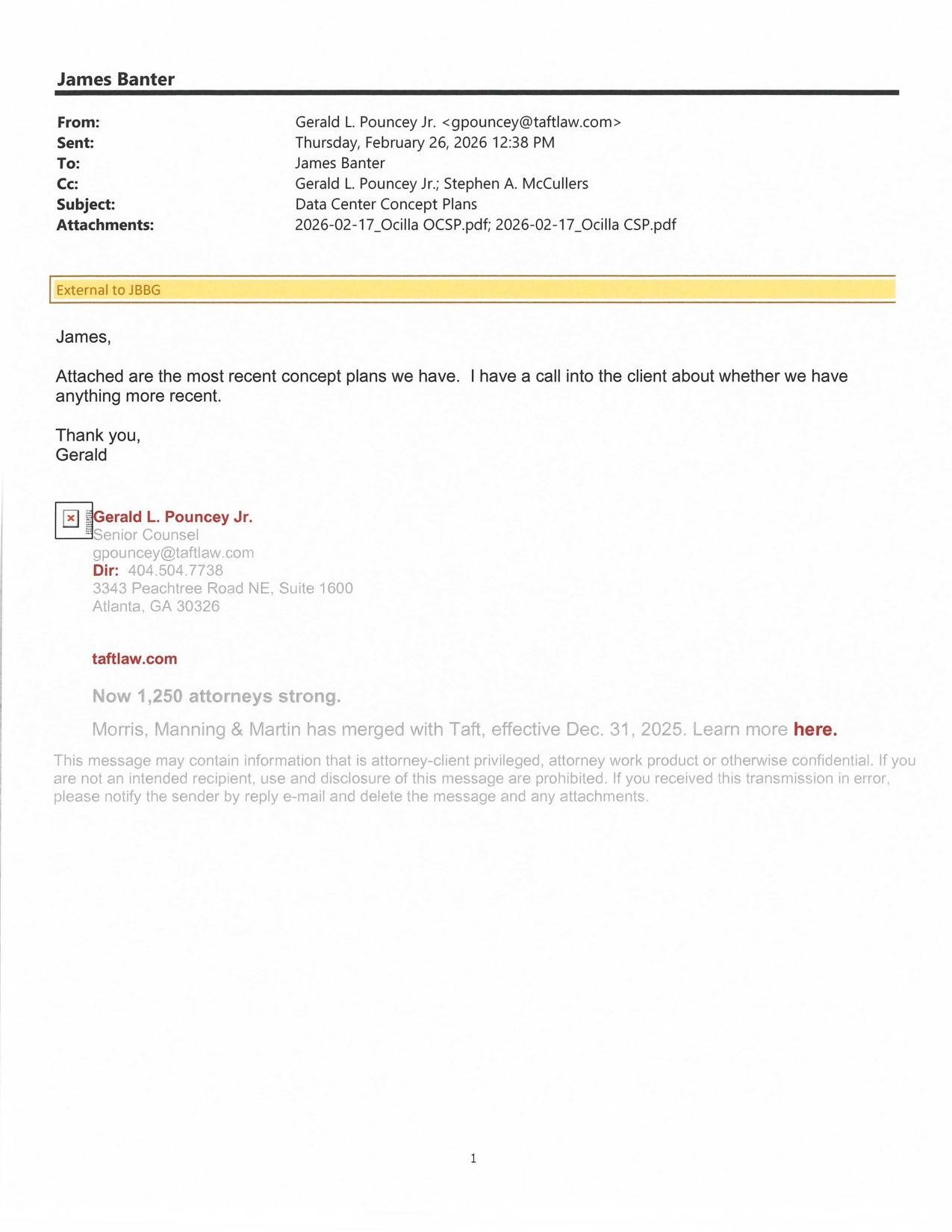 Attached are the most recent concept plans we have. I have a call into the client about whether we have anything more recent. 2026-02-26 12:38 PM --Gerald L. Pouncey Jr.