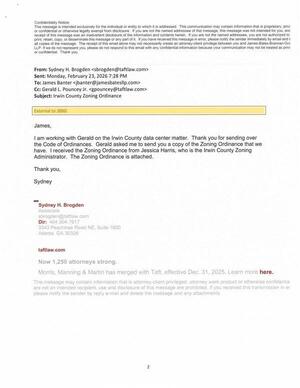 [I am working with Gerald on the Irwin County data center matter. Thank you for sending over the Code of Ordinances. Gerald asked me to send you a copy of the Zoning Ordinance that we have. 2026-02-23 7:28 PM I received the Zoning Ordinance from Jessica Harris, who is the Irwin County Zoning Administrator. The Zoning Ordinance is attached. --Sydney H. Brogden]