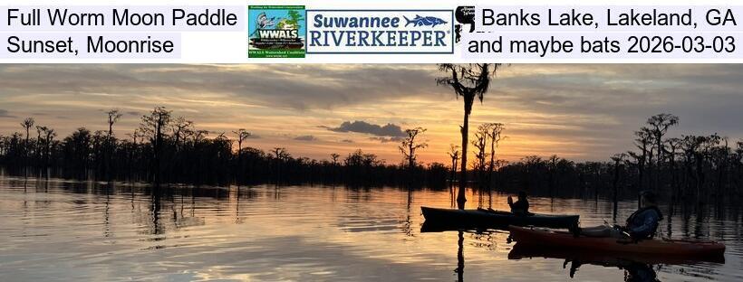 Full Worm Moon Paddle, Banks Lake, Lakeland, GA, Sunset, Moonrise, and maybe bats 2026-03-03