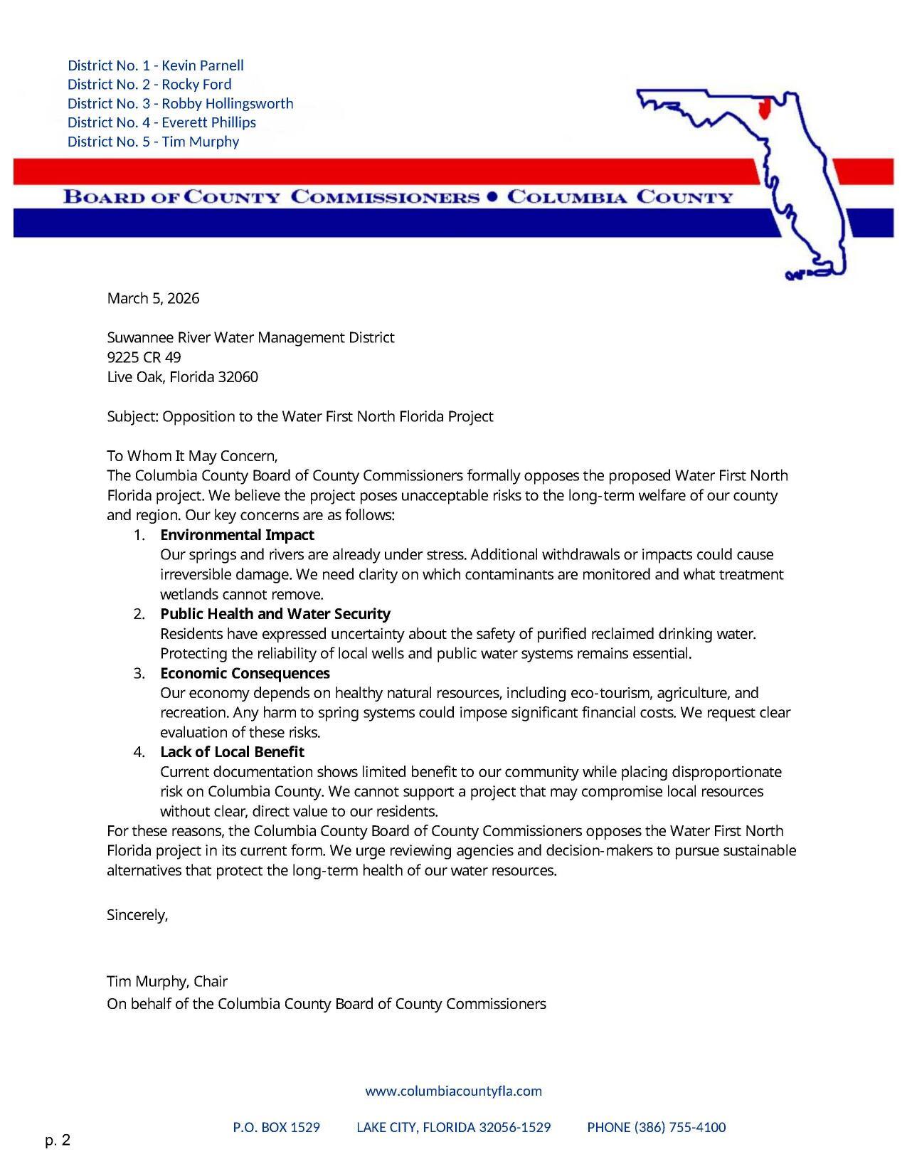 Opposition to the Water First North Florida Project, 2026-03-05 --Columbia County BOCC