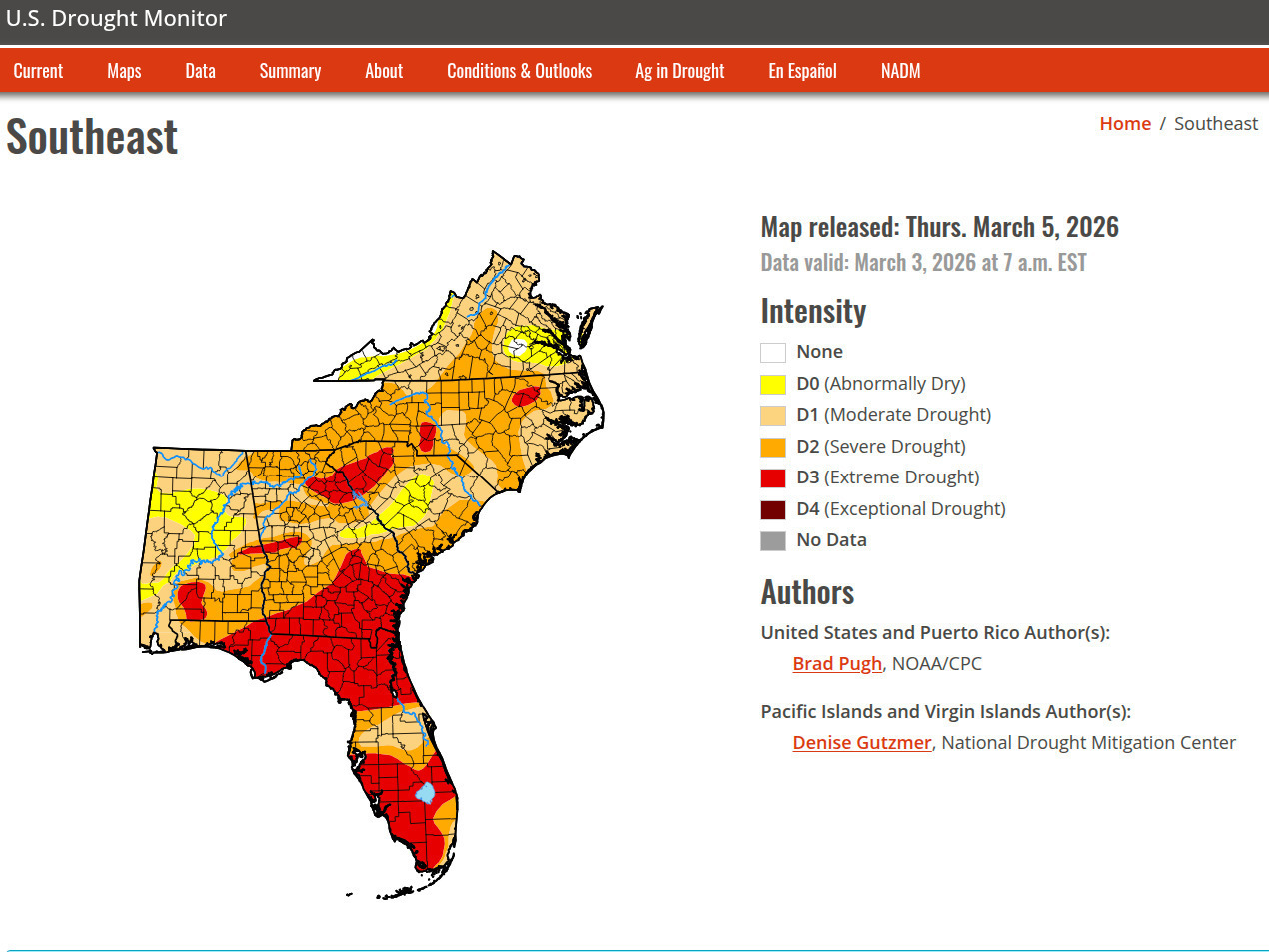 Map: Southeast, 2026-03-03 --US Drought Monitor