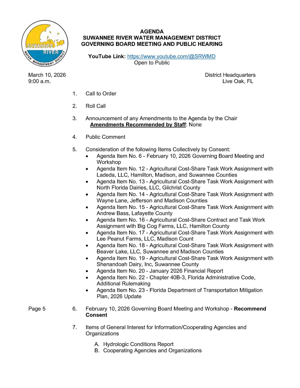 Public Comment, Consent Agenda, Hydrologic Conditions Report