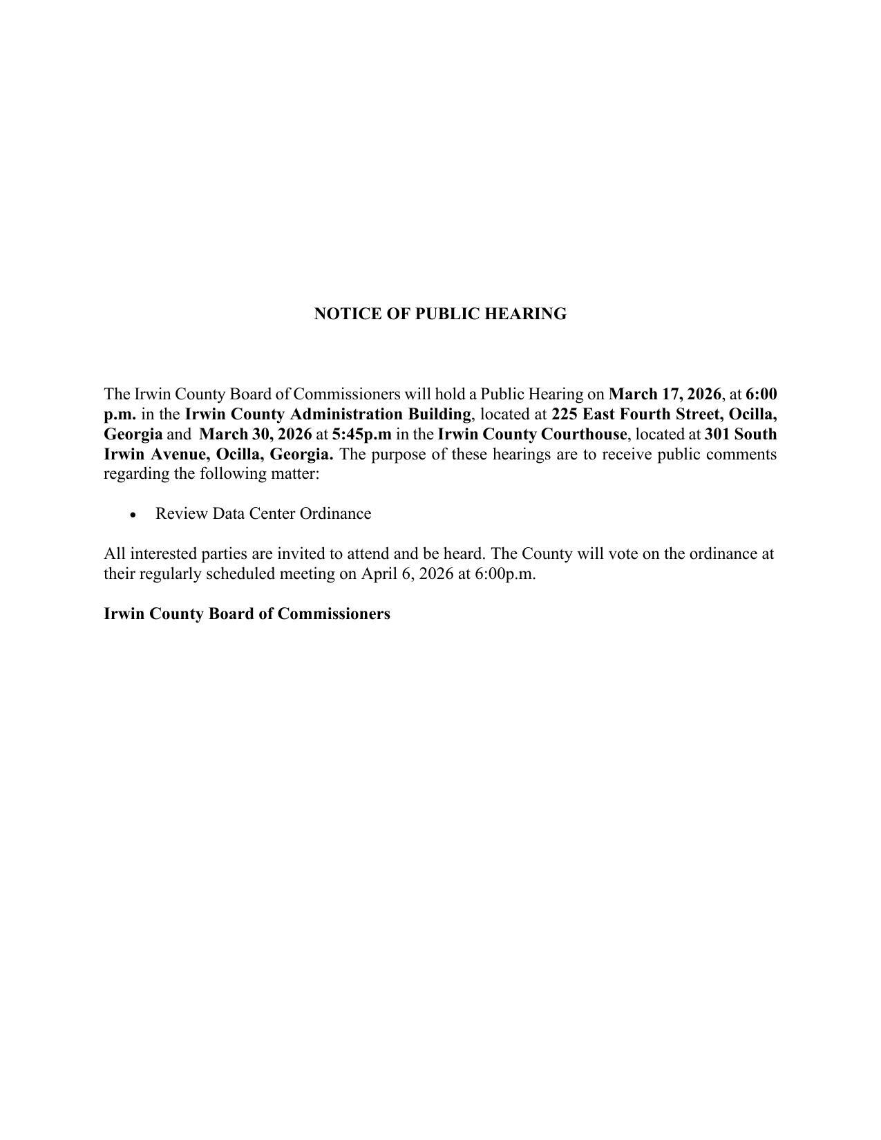 Notice of Public Hearing Data Center Ordinance, 2026-03-17 Irwin County Board of Commissioners