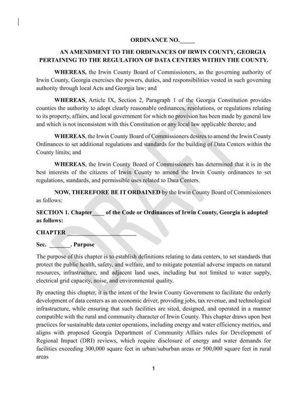 [AN AMENDMENT TO THE ORDINANCES OF IRWIN COUNTY, GEORGIA PERTAINING TO THE REGULATION OF DATA CENTERS WITHIN THE COUNTY.]