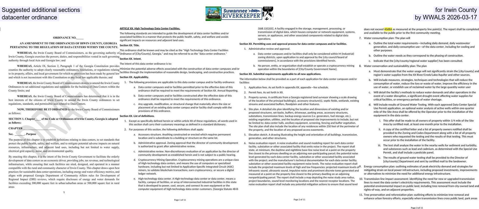 Suggested additional sections for Irwin County datacenter ordinance, by WWALS 2026-03-17