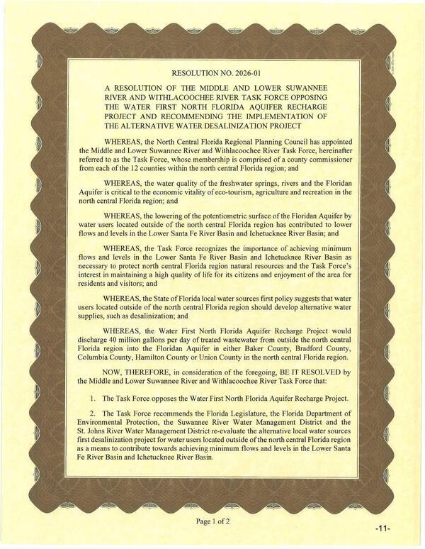 RESOLUTION NO. 2026-01 OPPOSING THE WATER FIRST NORTH FLORIDA AQUIFER RECHARGE PROJECT AND RECOMMENDING THE IMPLEMENTATION OF THE ALTERNATIVE WATER DESALINIZATION PROJECT