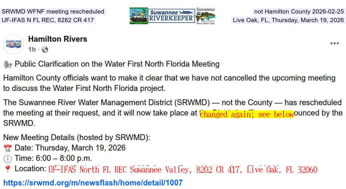 SRWMD rescheduled, not Hamilton County 2026-02-25, WFNF moved to SRWMD HQ, Thursday, March 19, 2026