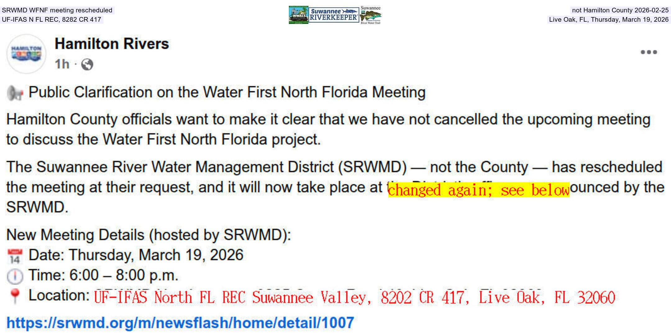 SRWMD rescheduled, not Hamilton County 2026-02-25, WFNF moved to SRWMD HQ, Thursday, March 19, 2026