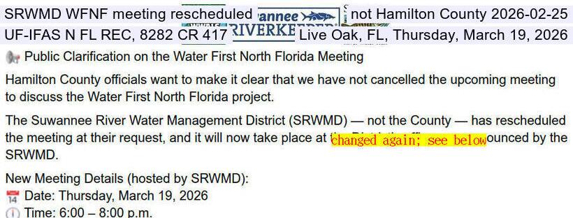 SRWMD rescheduled, not Hamilton County 2026-02-25, WFNF moved to SRWMD HQ, Thursday, March 19, 2026