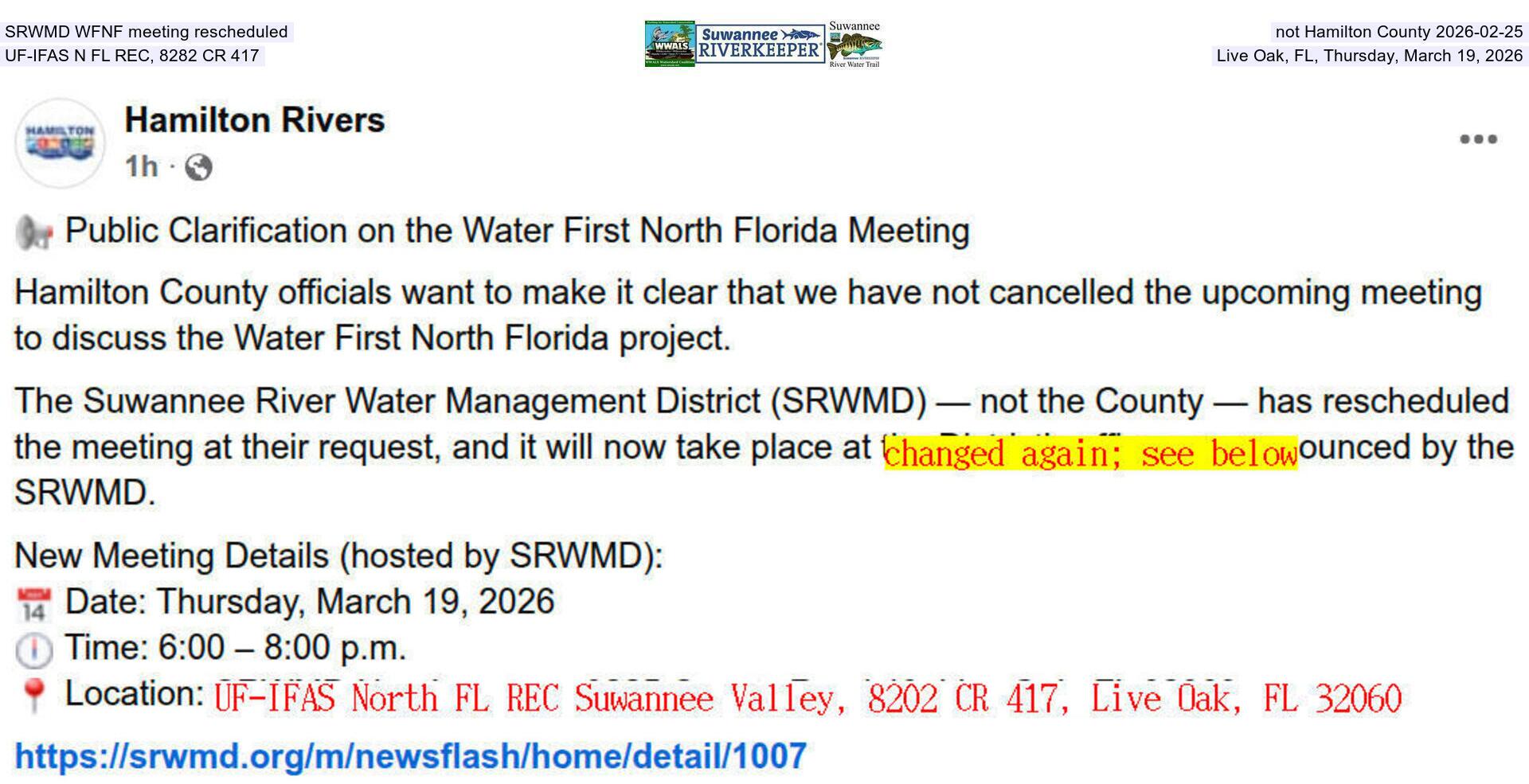 [SRWMD rescheduled, not Hamilton County 2026-02-25, WFNF moved to SRWMD HQ, Thursday, March 19, 2026]