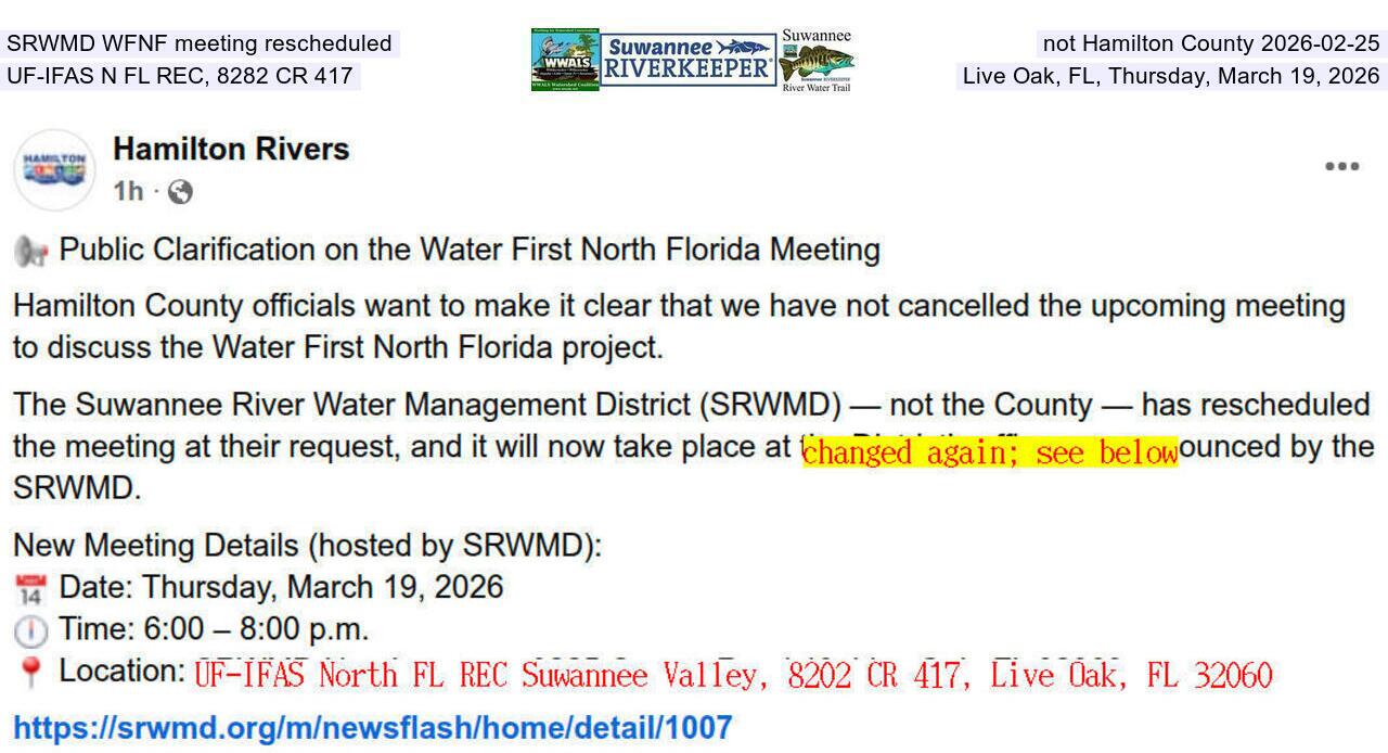SRWMD rescheduled, not Hamilton County 2026-02-25, WFNF moved to SRWMD HQ, Thursday, March 19, 2026