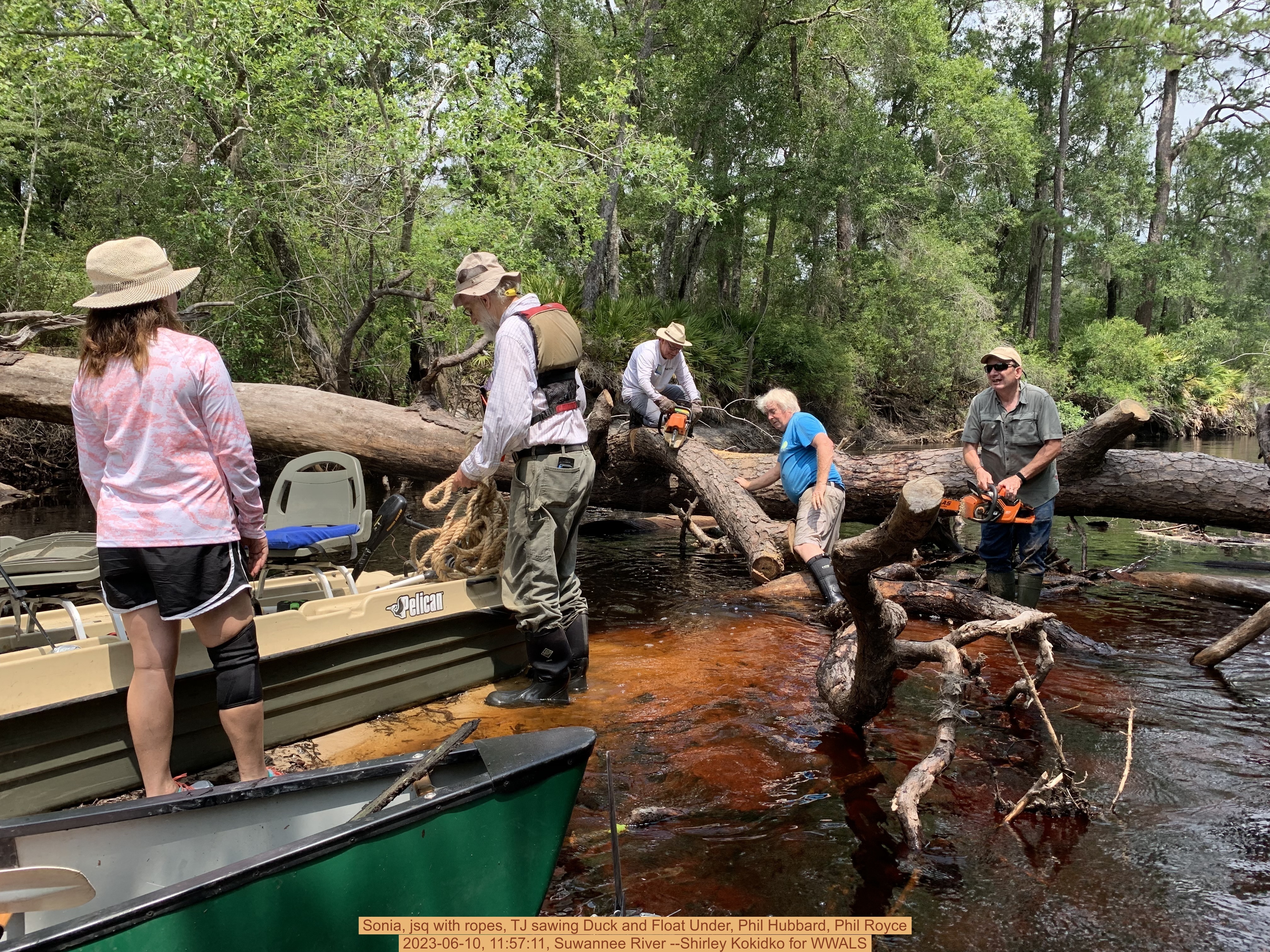 Sonia, jsq with ropes, TJ sawing Duck and Float Under, Phil Hubbard, Phil Royce, 2023-06-10, 11:57:11, Suwannee River --Shirley Kokidko for WWALS