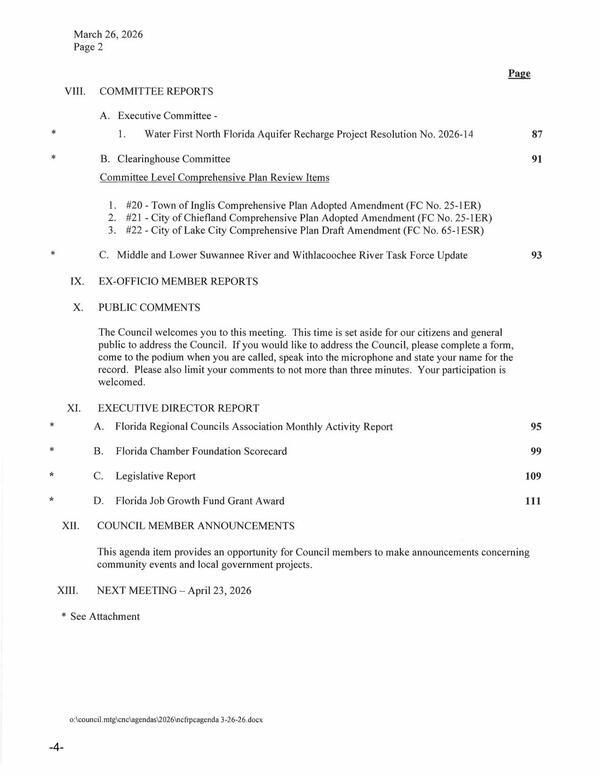 Committee Reports, Public Comments, E.D. Report, Council Member Announcements