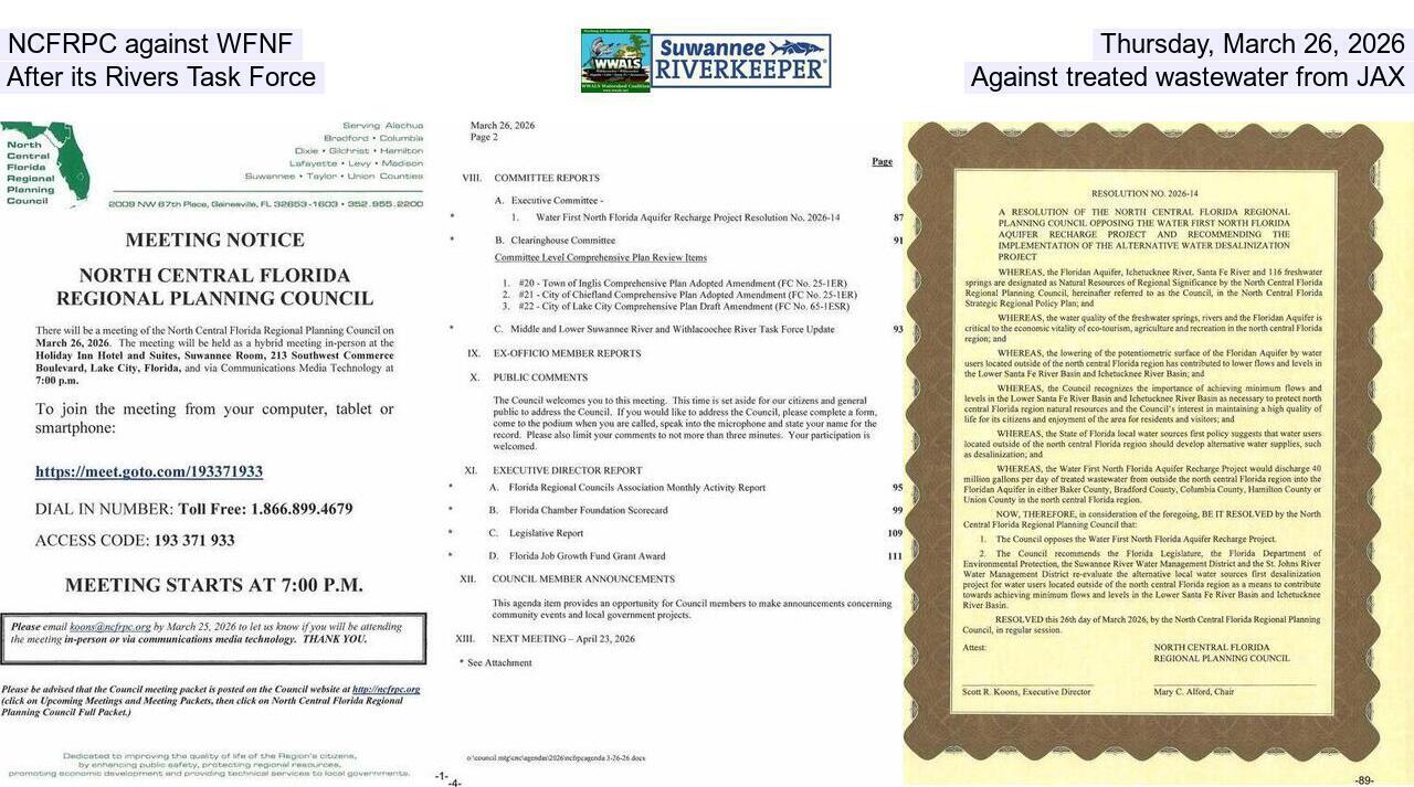 NCFRPC against WFNF, Thursday, March 26, 2026, After its Task Force, Against treated wastewater from JAX