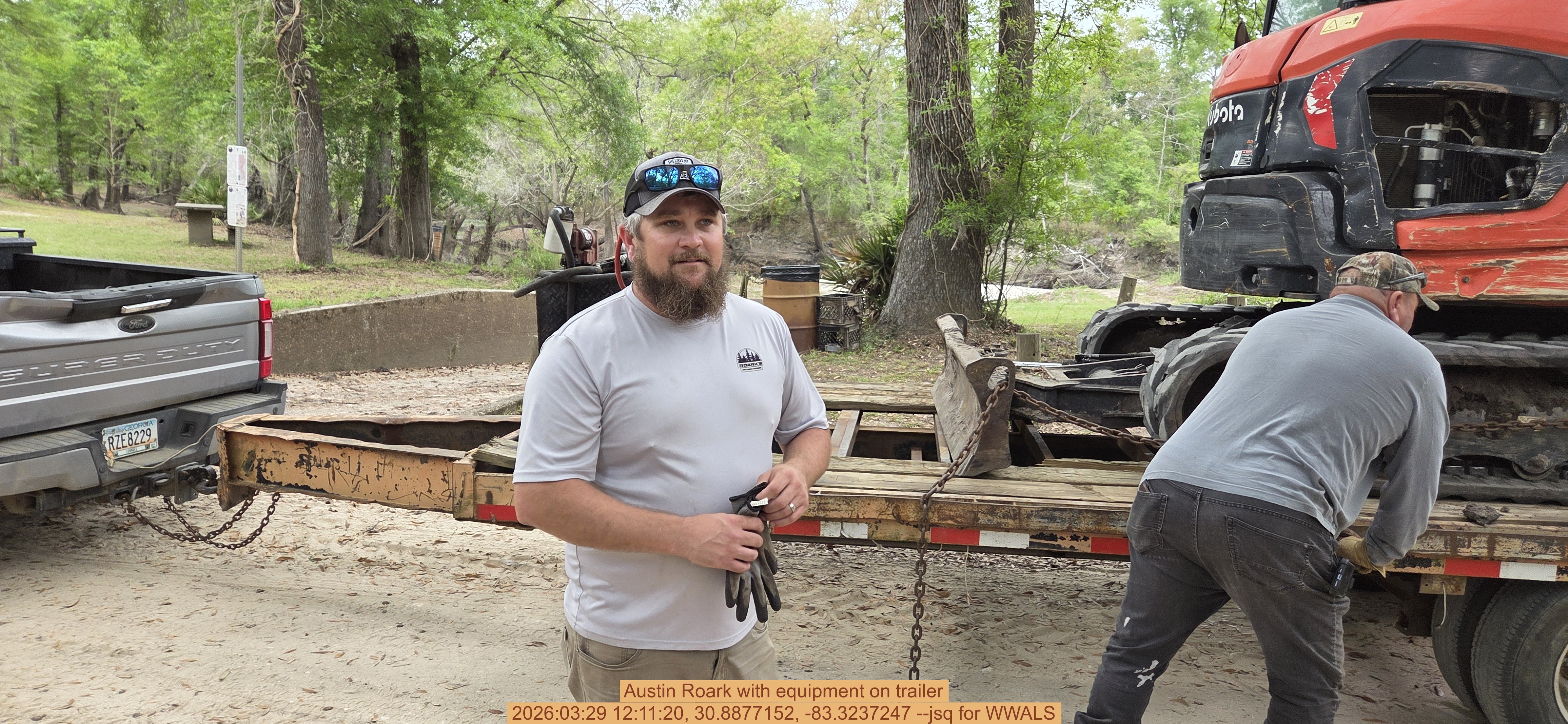 Austin Roark with equipment on trailer, 2026:03:29 12:11:20, 30.8877152, -83.3237247 --jsq for WWALS