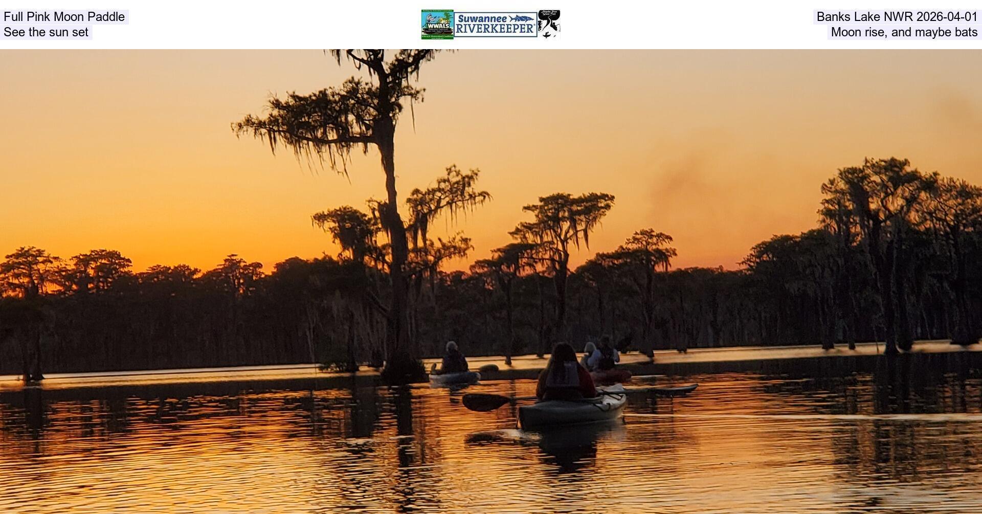 [Full Pink Moon Paddle, Banks Lake NWR 2026-04-01, See the sun set, Moon rise, and maybe bats]