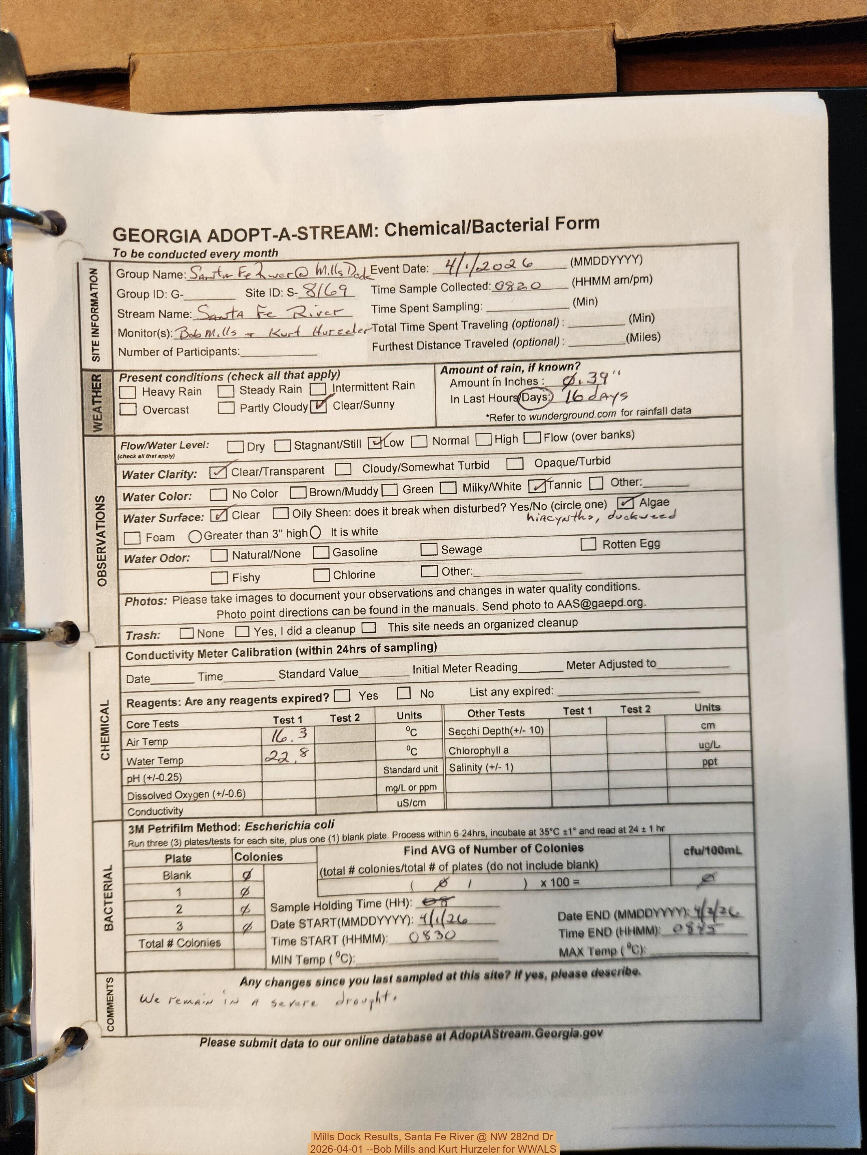 Mills Dock Results, Santa Fe River @ NW 282nd Dr 2026-04-01 --Bob Mills and Kurt Hurzeler for WWALS