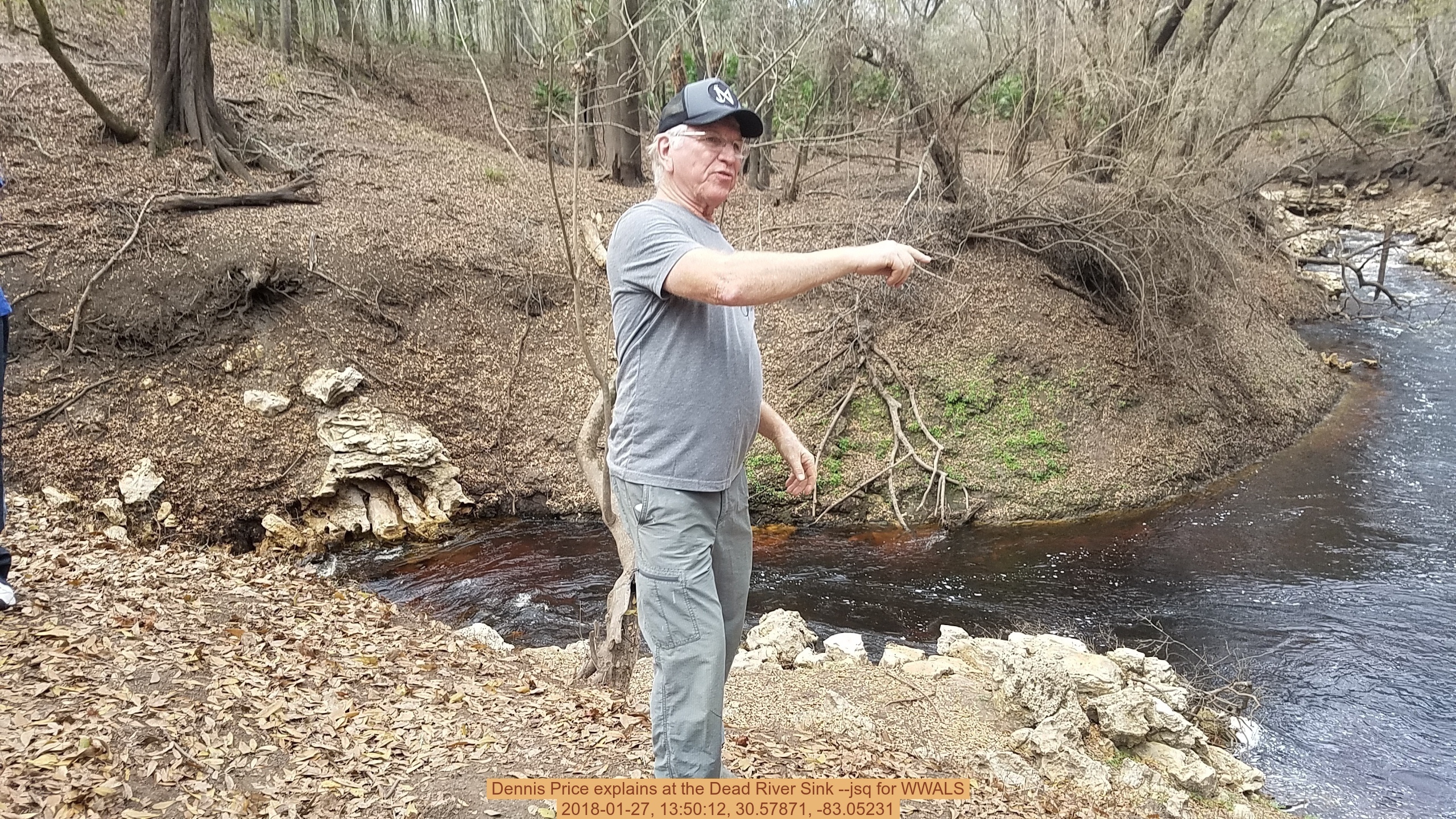 Dennis Price explains at the Dead River Sink --jsq for WWALS, 2018-01-27, 13:50:12, 30.57871, -83.05231