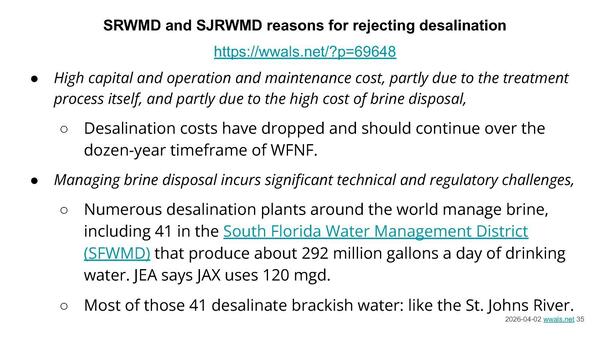 SRWMD and SJRWMD reasons for rejecting desalination