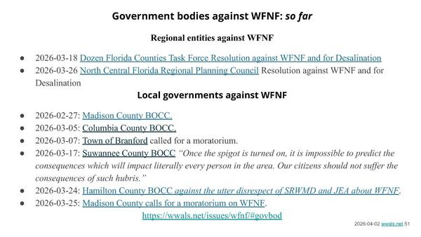 Government bodies against WFNF: so far