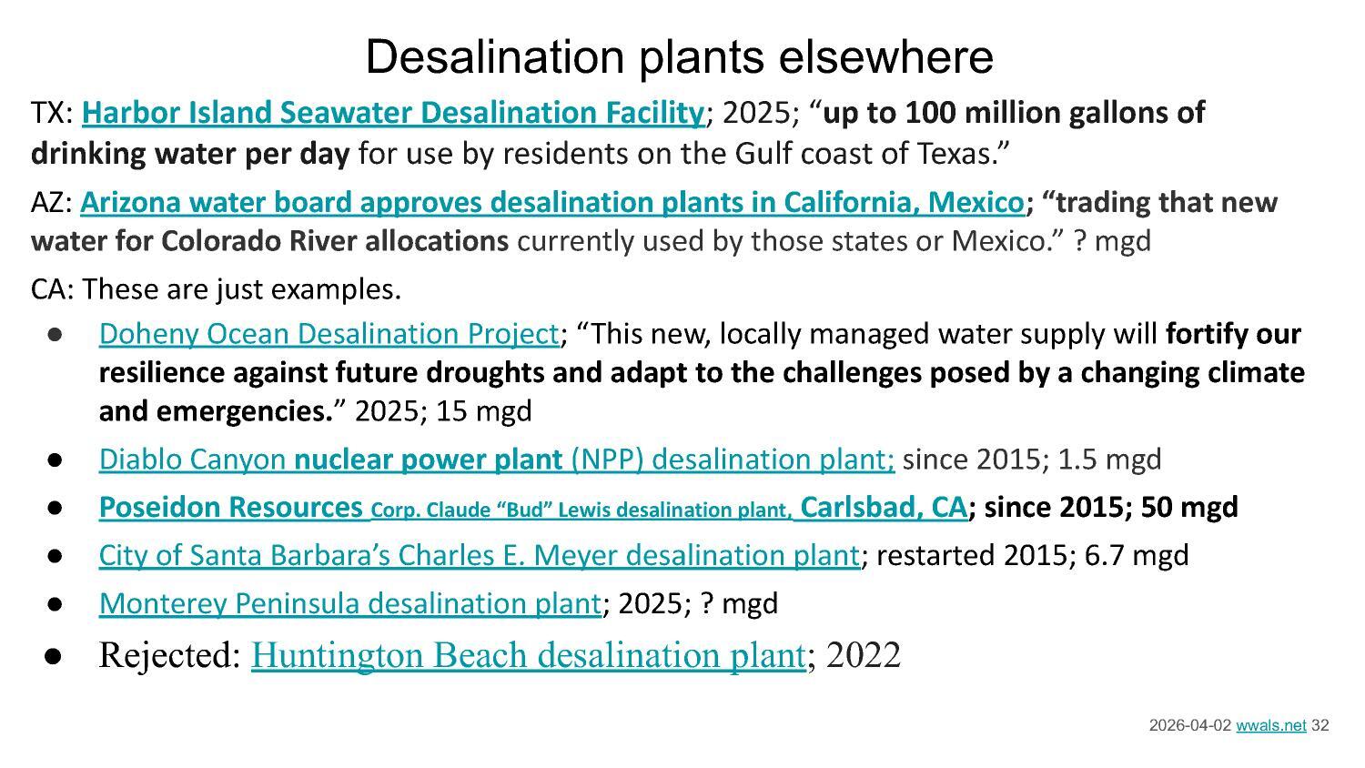 Desalination plants elsewhere: TX, AZ, CA