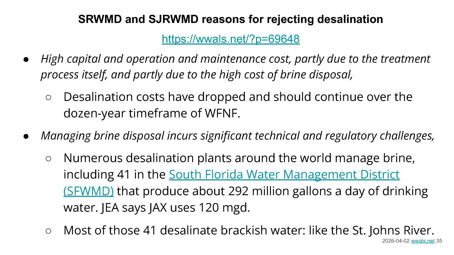 SRWMD and SJRWMD reasons for rejecting desalination