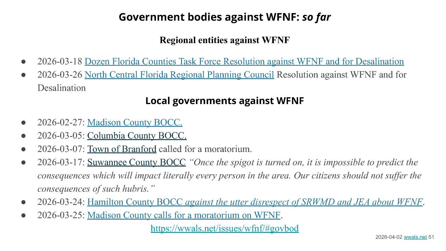 Government bodies against WFNF: so far