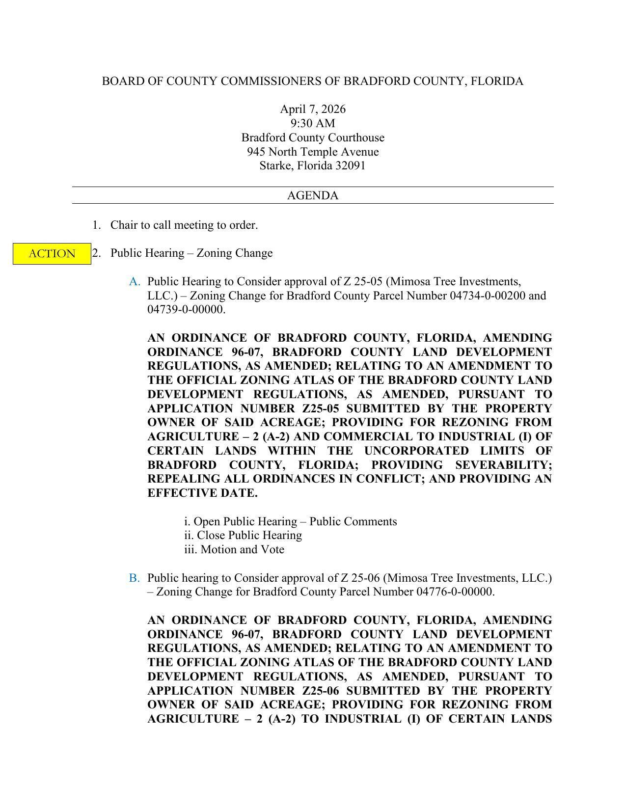 Agenda, Bradford County BOCC, 2026-04-07