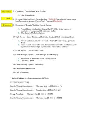 [9. Discussion of “Douglas” Building Property Options A. Potential Lease with Bradford County Sheriff's Office for the purpose of installation of a temporary ICE detainment facility. B. Other Lease or Marketing Options]