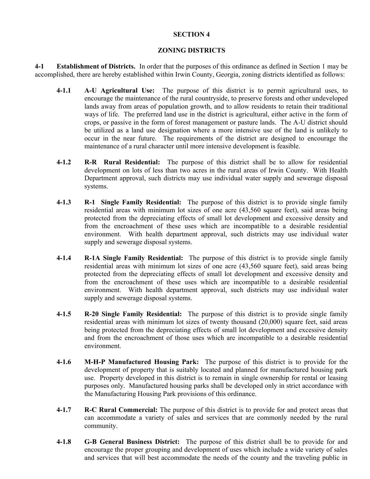SECTION 4: ZONING DISTRICTS; 4.1.1 A-U Agricultural Use