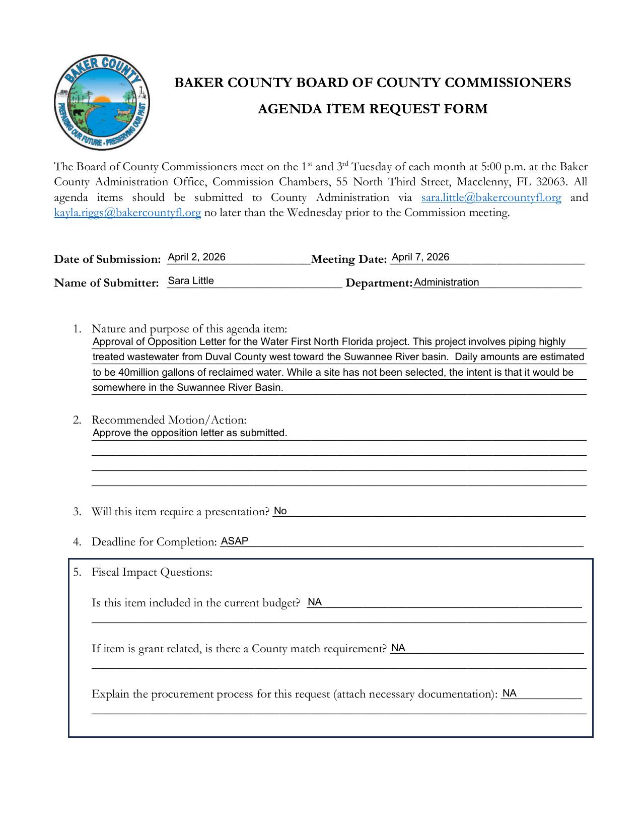 Agenda Sheet, 2026-04-07 --Baker County BOCC