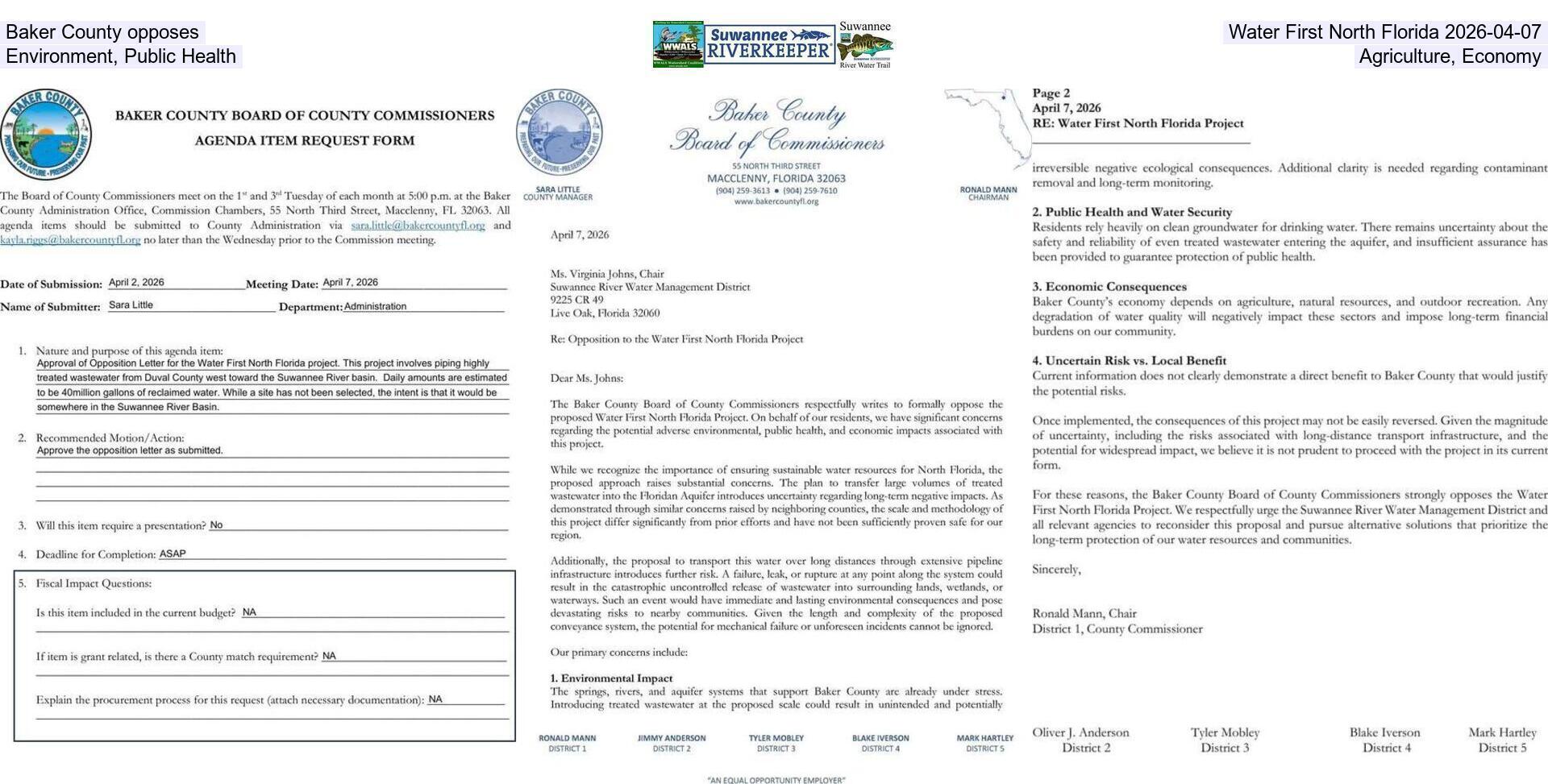[Baker County opposes Water First North Florida 2026-04-07, Environment, Public Health, Agriculture, Economy]