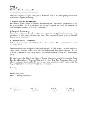 [For these reasons, the Baker County Board of County Commissioners strongly opposes the Water First North Florida Project, 2026-04-07 --Baker County BOCC]