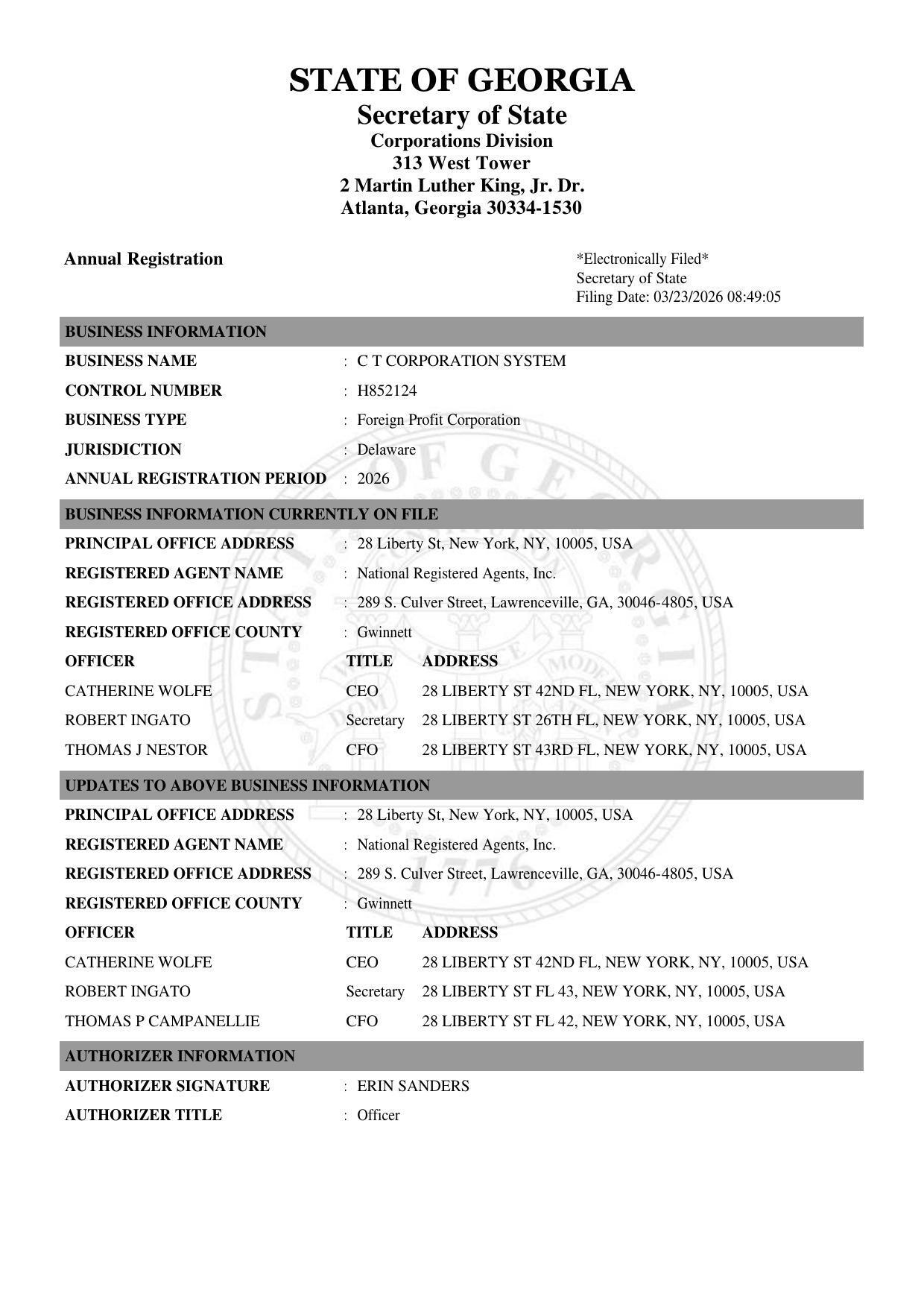 Annual Registration, C T Corporation System