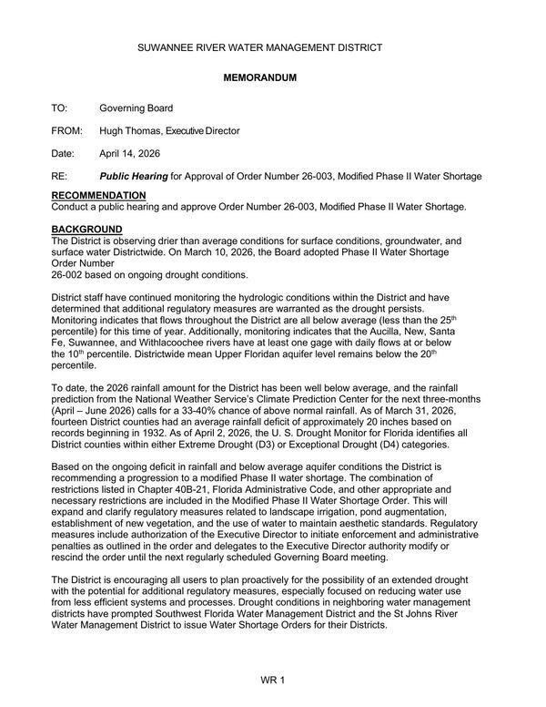 [RE: Public Hearing for Approval of Order Number 26-003, Modified Phase II Water Shortage]