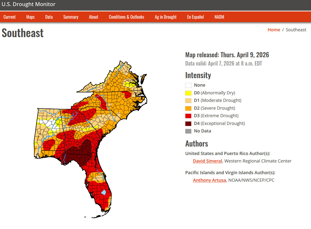Map: U.S. Southeast, 2026-04-07 --U.S. Drought Monitor