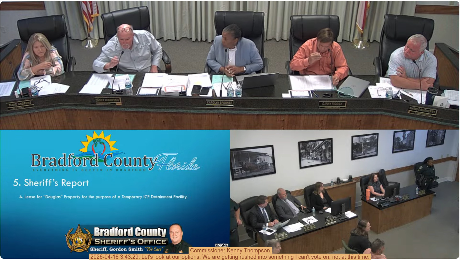 Commissioner Kenny Thompson, 2026-04-16 3:43:29: Let's look at our options. We are getting rushed into something I can't vote on, not at this time.