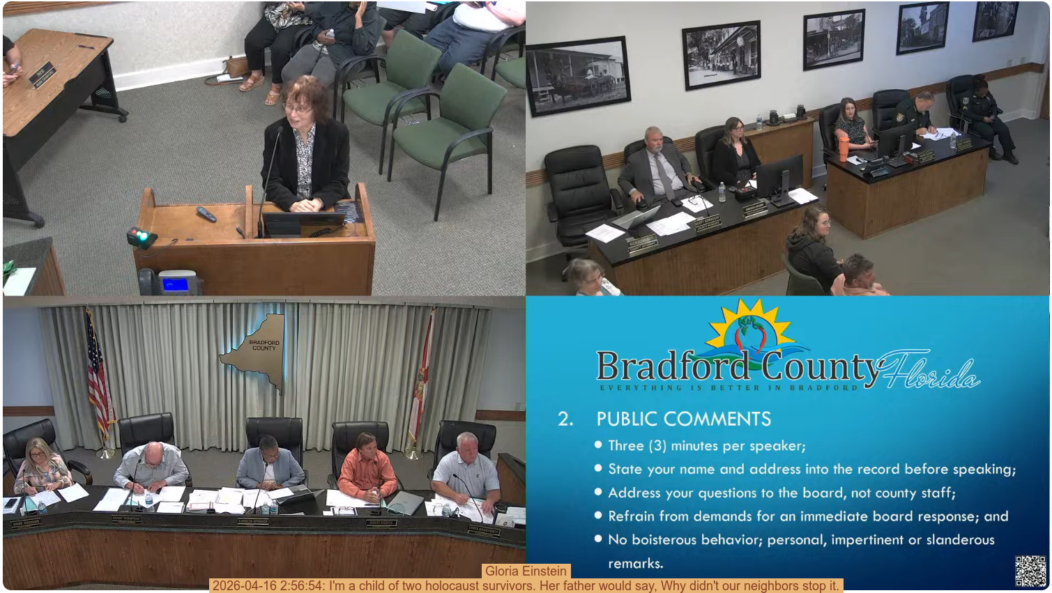 Gloria Einstein, 2026-04-16 2:56:54: I'm a child of two holocaust survivors. Her father would say, Why didn't our neighbors stop it.