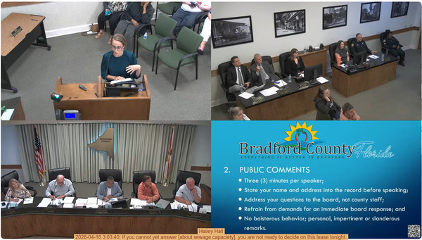 Hailey Hall, 2026-04-16 3:03:40: If you cannot yet answer [about sewage capaciety], you are not ready to decide on this lease tonight.