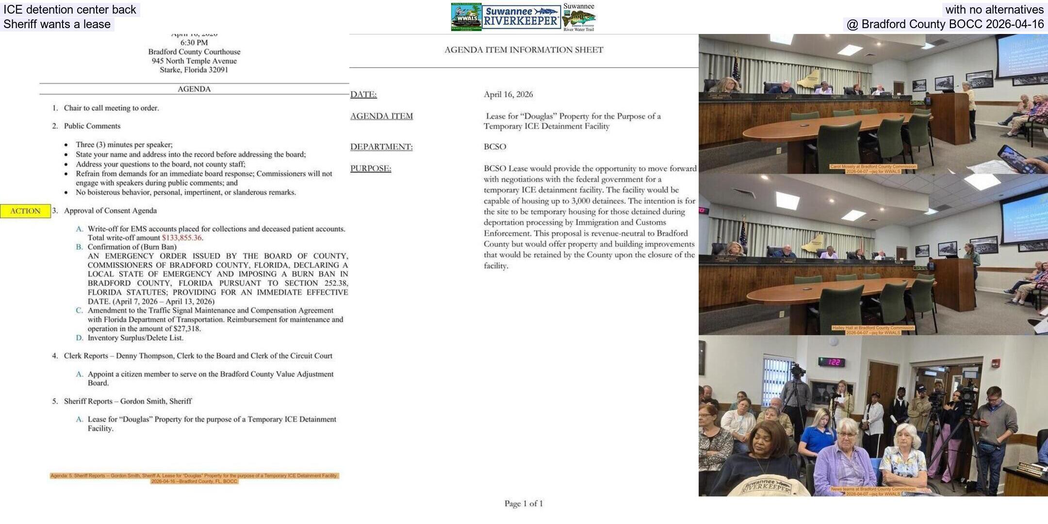 ICE detention center back, with no alternatives, Sheriff wants a lease @ Bradford County BOCC 2026-04-16