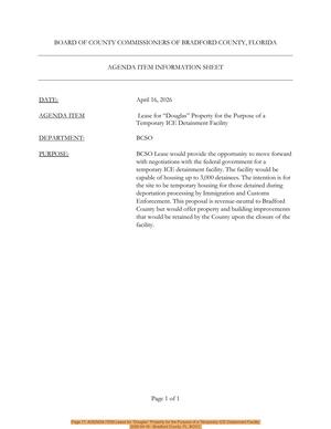 [Page 17: AGENDA ITEM Lease for “Douglas” Property for the Purpose of a Temporary ICE Detainment Facility, 2026-04-16 --Bradford County, FL, BOCC]