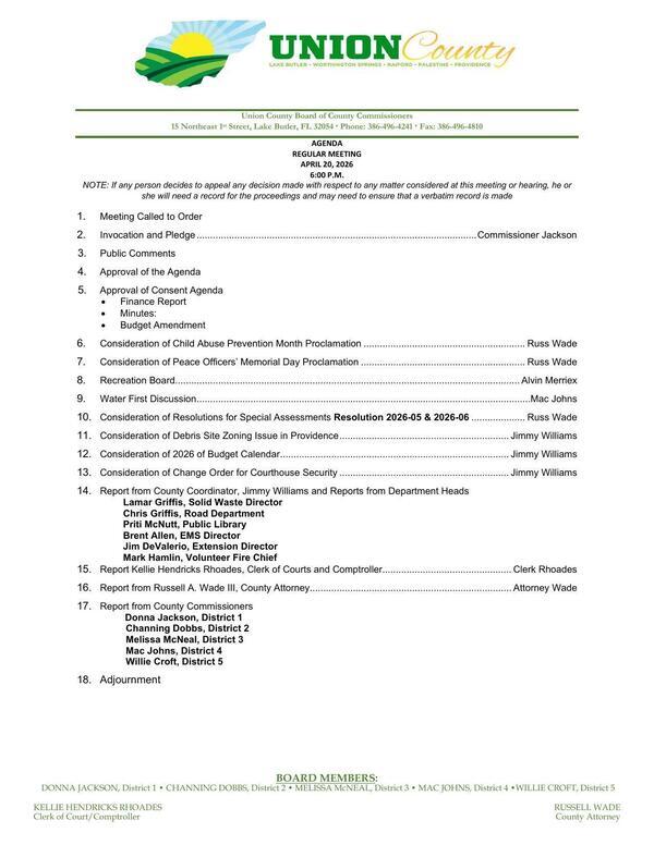 [Regular Meeting Agenda, 2026-04-20 --Union County Commission]